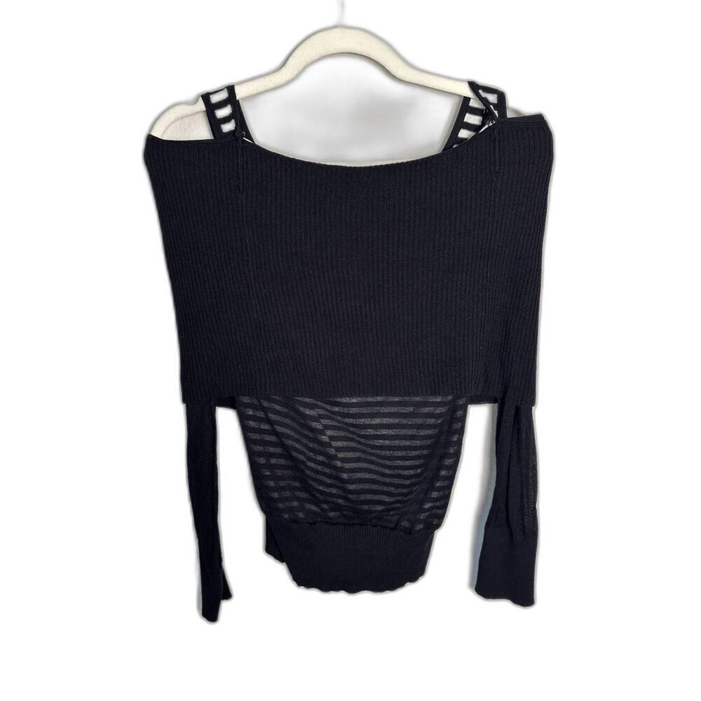Chicos Top Womens 00 XS Black White Striped Cold Shoulder Knit Sweater Layered - Picture 2 of 4